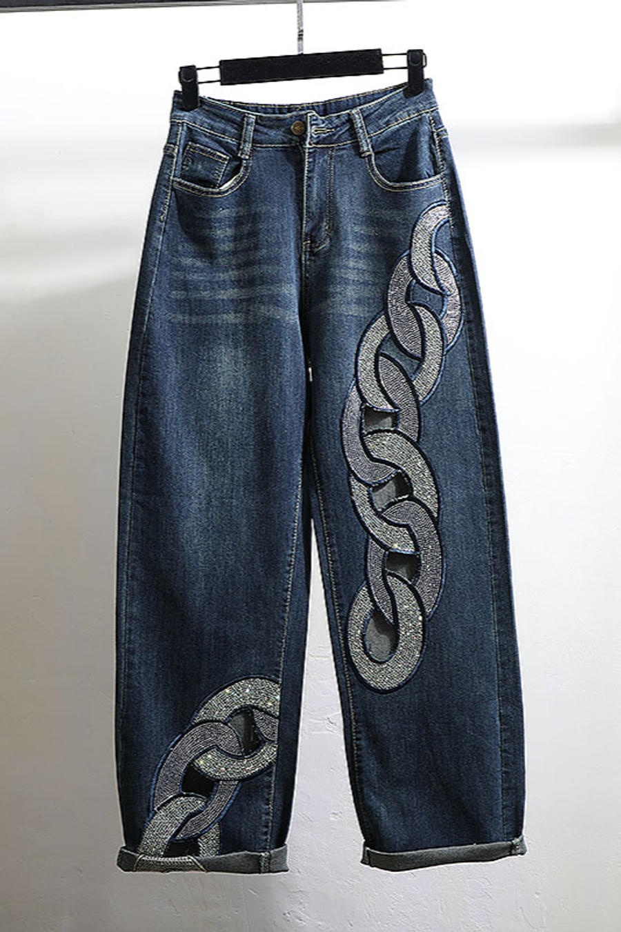 Rhinestone Hollow High Waist Jeans