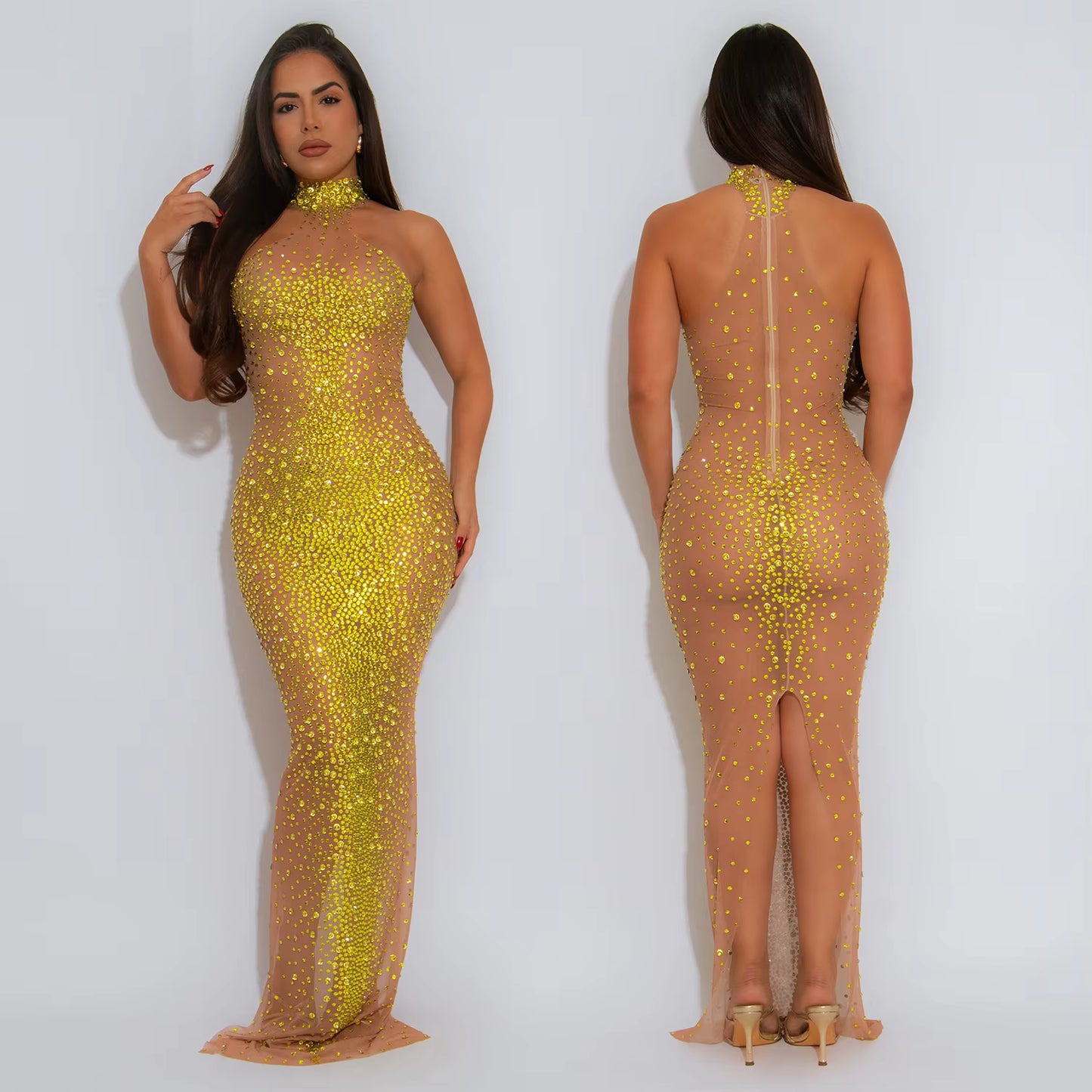 Woman wearing a yellow sequin dress from front and back views on a white background