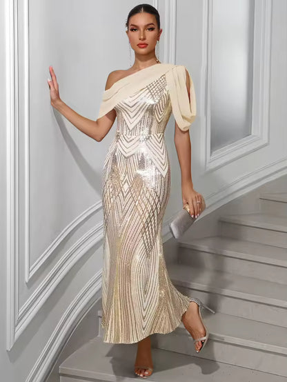 One-Shoulder Sequin Chiffon Maxi Dress