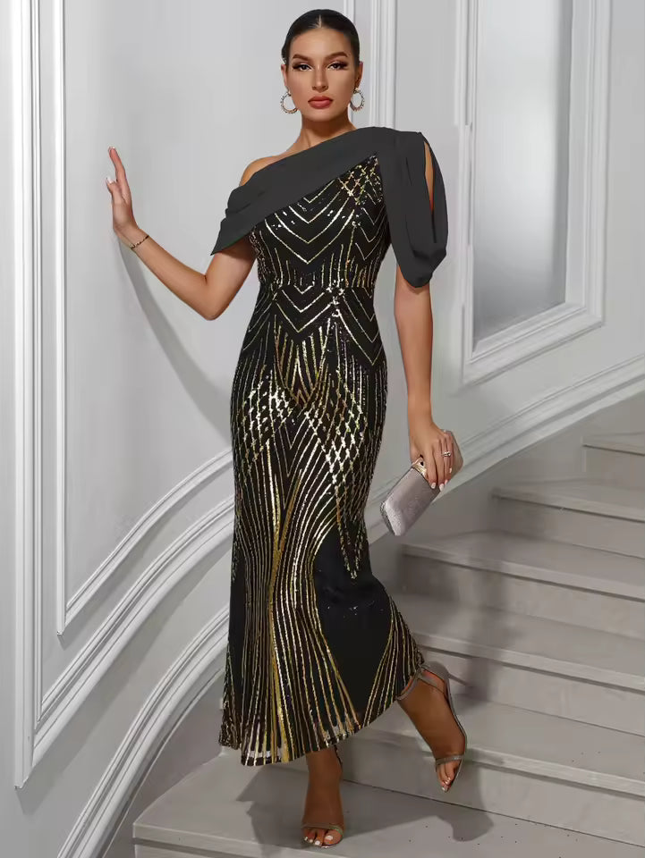 One-Shoulder Sequin Chiffon Maxi Dress