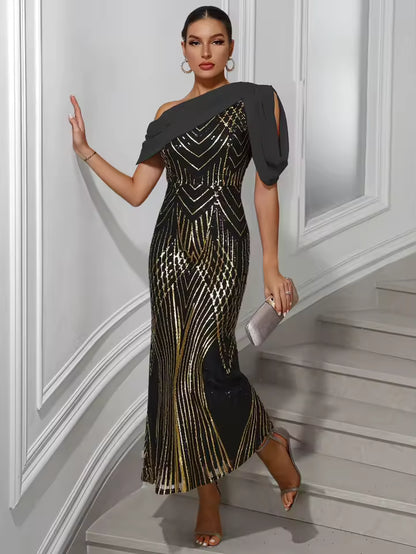 One-Shoulder Sequin Chiffon Maxi Dress