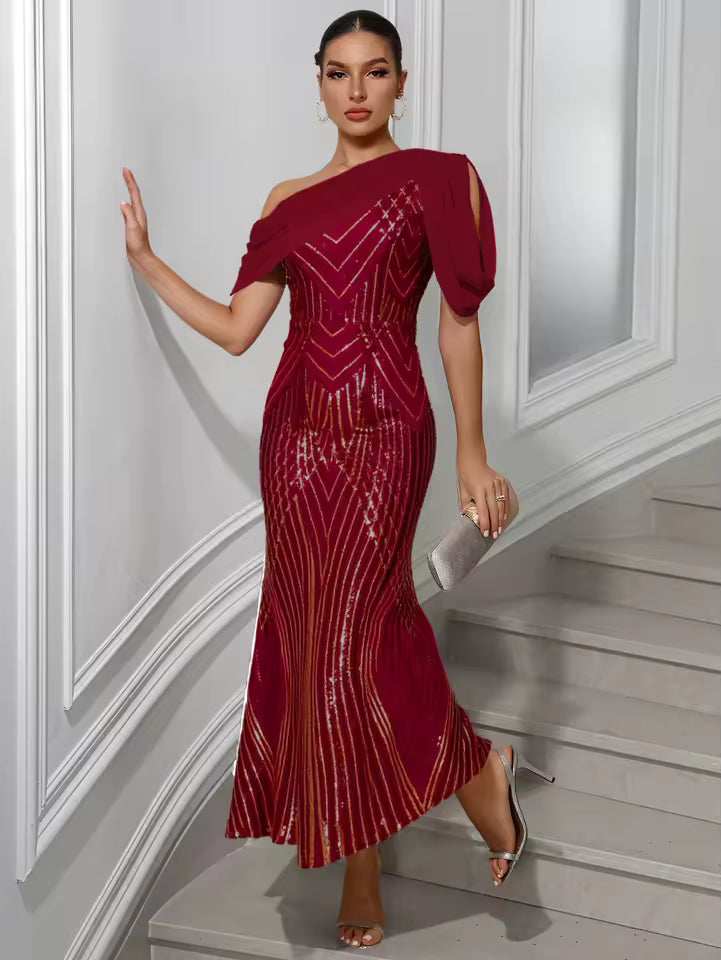 One-Shoulder Sequin Chiffon Maxi Dress