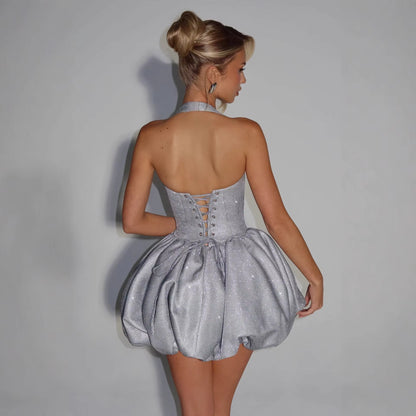 Glitter Dreams Halter Neck Pleated Mini Dress