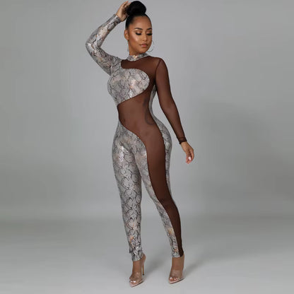 Snake Print Mesh Sliver Jumpsuit