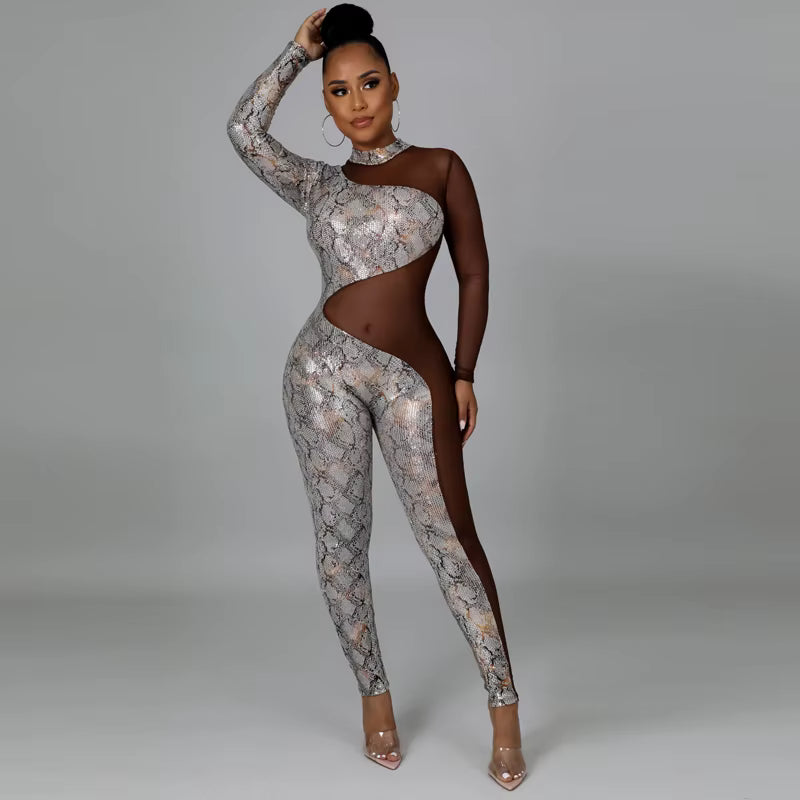 Snake Print Mesh Sliver Jumpsuit