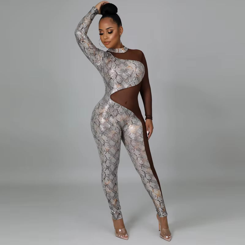 Snake Print Mesh Sliver Jumpsuit