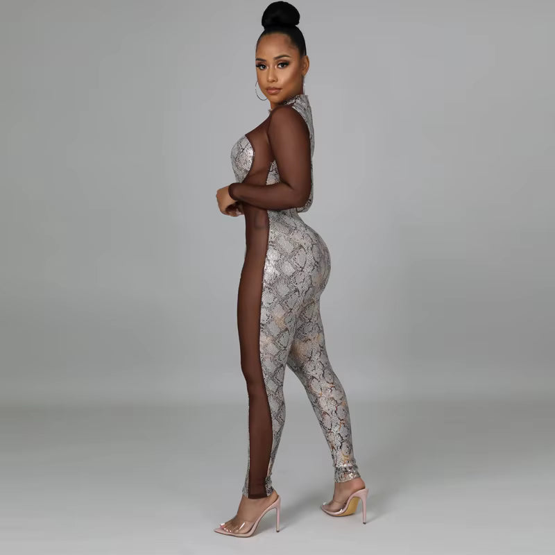 Snake Print Mesh Sliver Jumpsuit