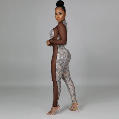 Snake Print Mesh Sliver Jumpsuit