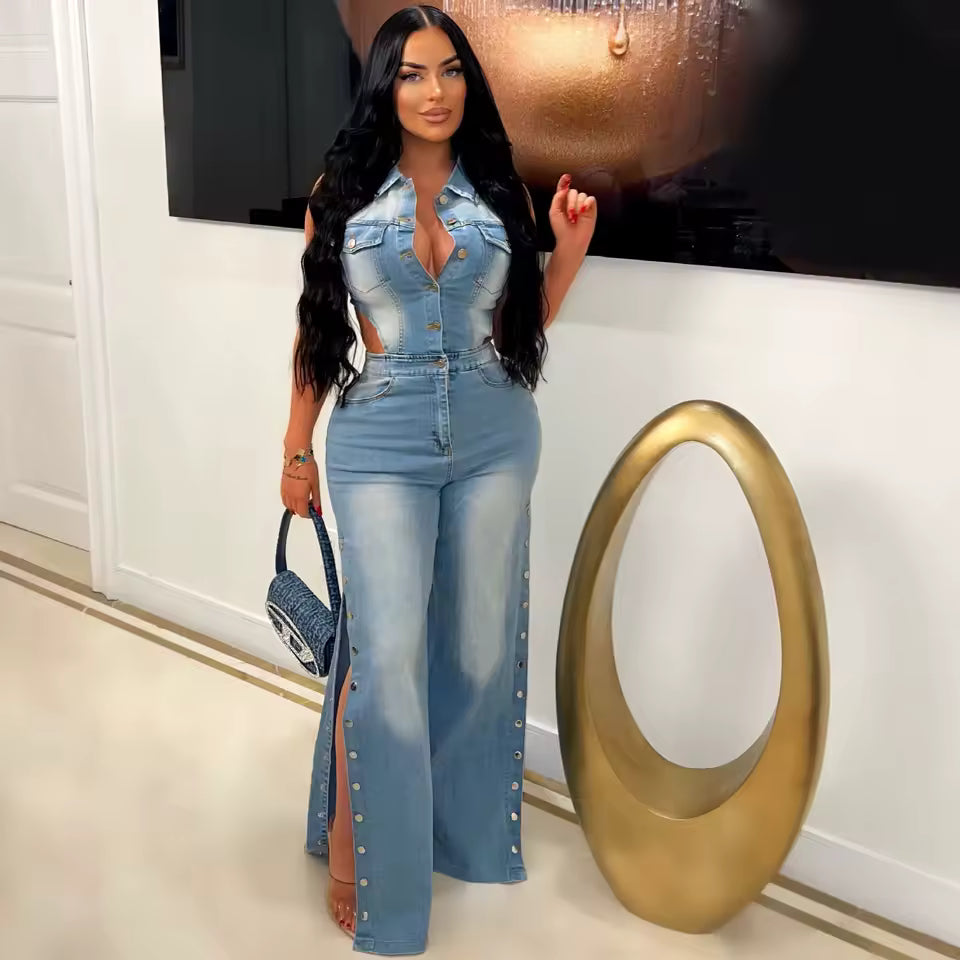Snap Button Denim Jumpsuit