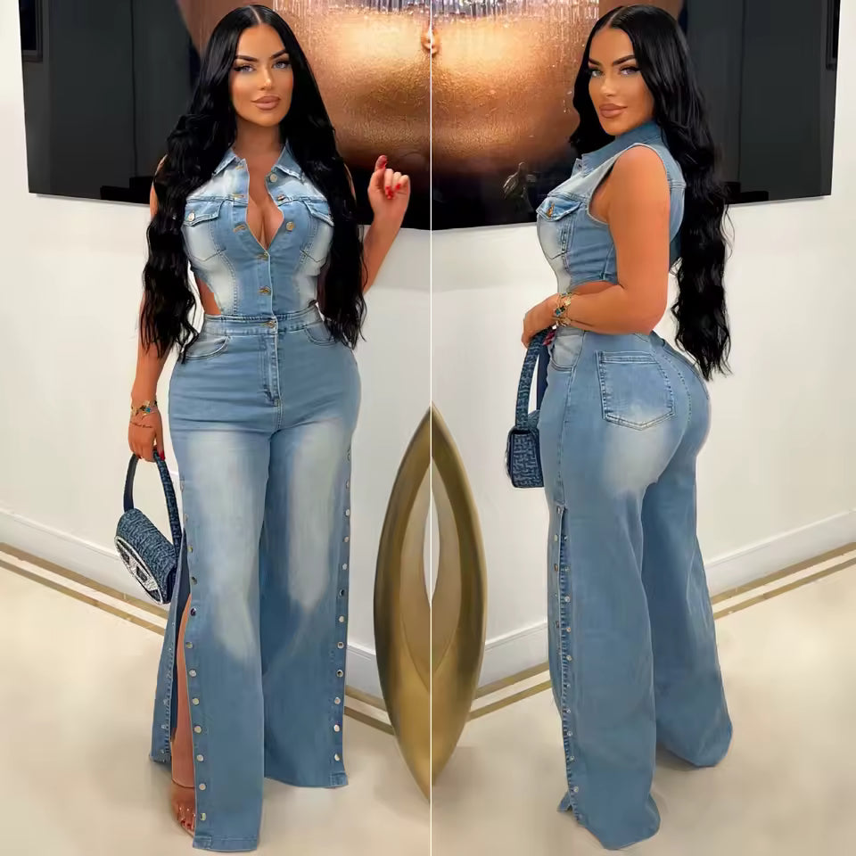 Snap Button Denim Jumpsuit