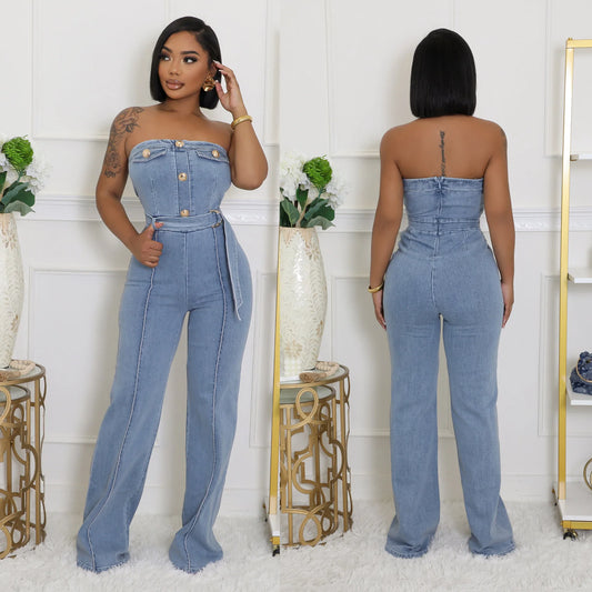 Strapless Belted Denim Jumpsuit with Button Detail image 3