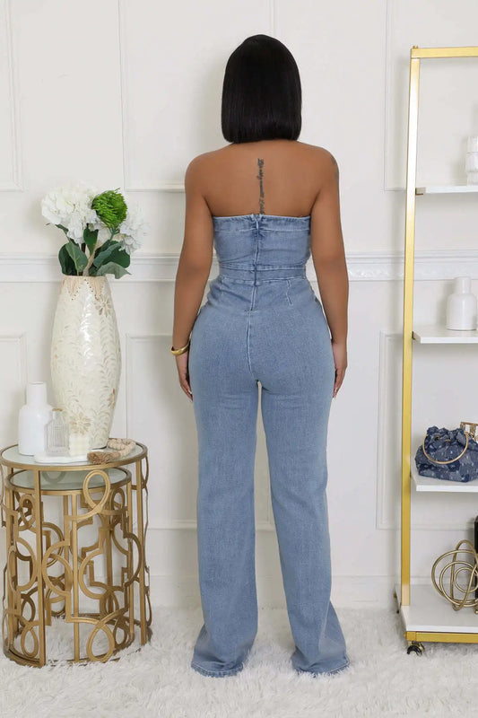 Strapless Belted Denim Jumpsuit with Button Detail image 2