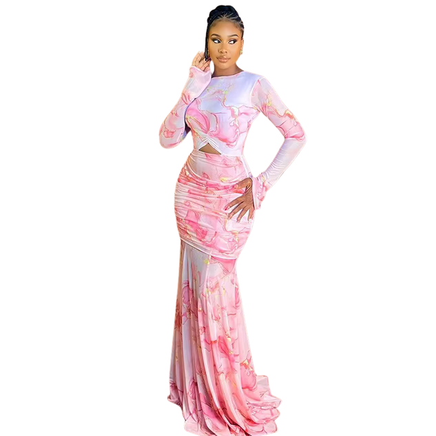 Vibrant Tie-Dye Shirring Floor Length Dress