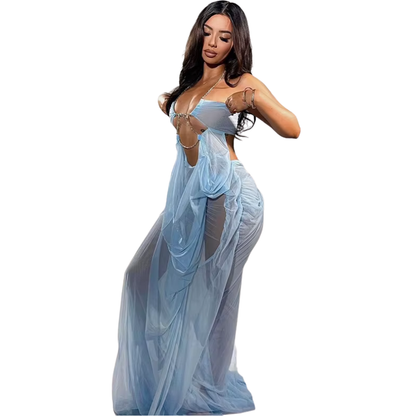 Ice Queen Rhinestone Strap Sheer Maxi Dress