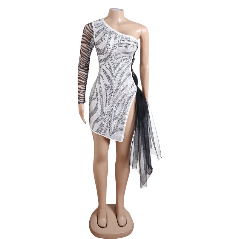 Rhinestone Zebra Print Mesh Mini Dress
