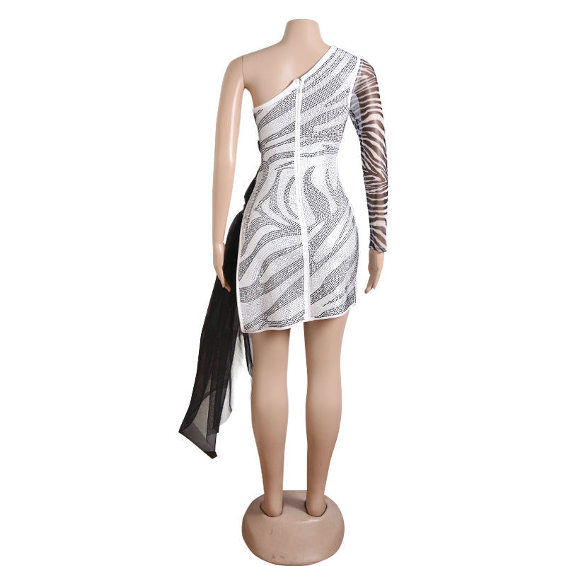 Rhinestone Zebra Print Mesh Mini Dress