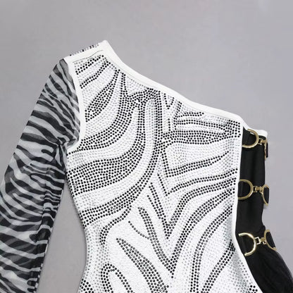 Rhinestone Zebra Print Mesh Mini Dress