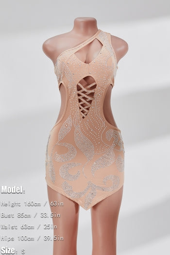 Sparkling Rhinestone One-Shoulder Cutout Mini Dress – High Stretch Plus Size