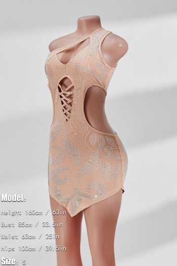 Sparkling Rhinestone One-Shoulder Cutout Mini Dress – High Stretch Plus Size