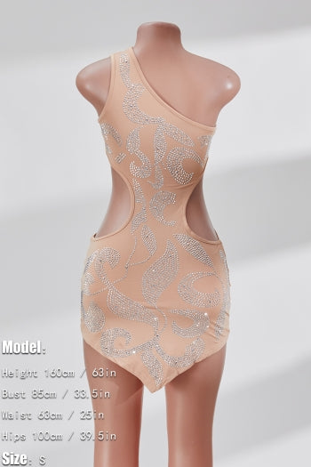 Sparkling Rhinestone One-Shoulder Cutout Mini Dress – High Stretch Plus Size