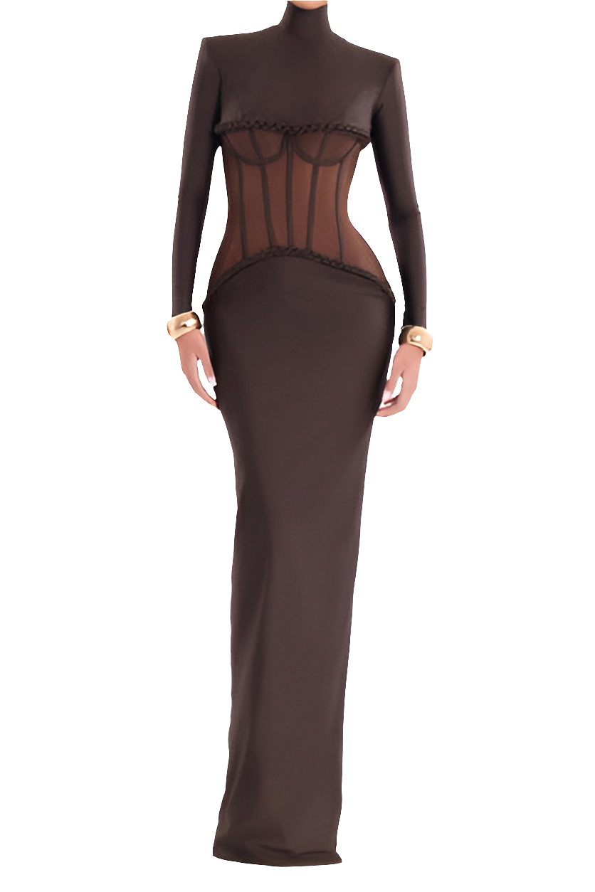 Brown Long Sleeve Sheer Corset Maxi Dress