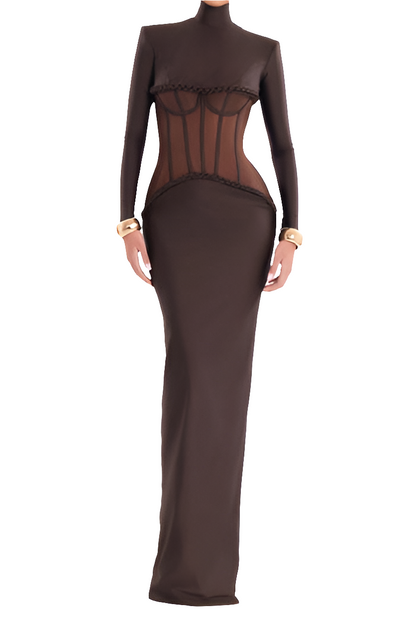 Brown Long Sleeve Sheer Corset Maxi Dress