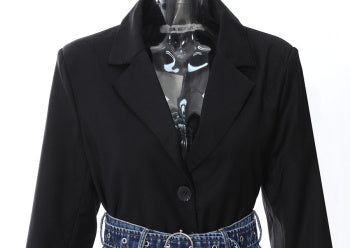 Collar view of Black blazer with contrast denim waistband and belt accent – Blazing Beauty