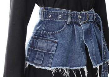 Side waist view of Black blazer with contrast denim waistband and belt accent – Blazing Beauty