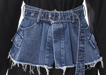 Front waist view of Black blazer with contrast denim waistband and belt accent – Blazing Beauty