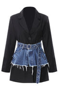 Black blazer with contrast denim waistband and belt accent – Blazing Beauty