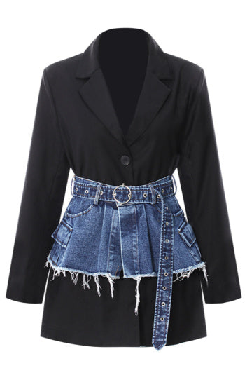 Black blazer with contrast denim waistband and belt accent – Blazing Beauty