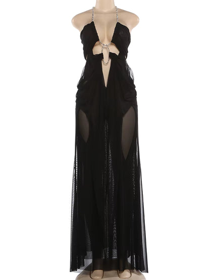 Ice Queen Rhinestone Strap Sheer Maxi Dress