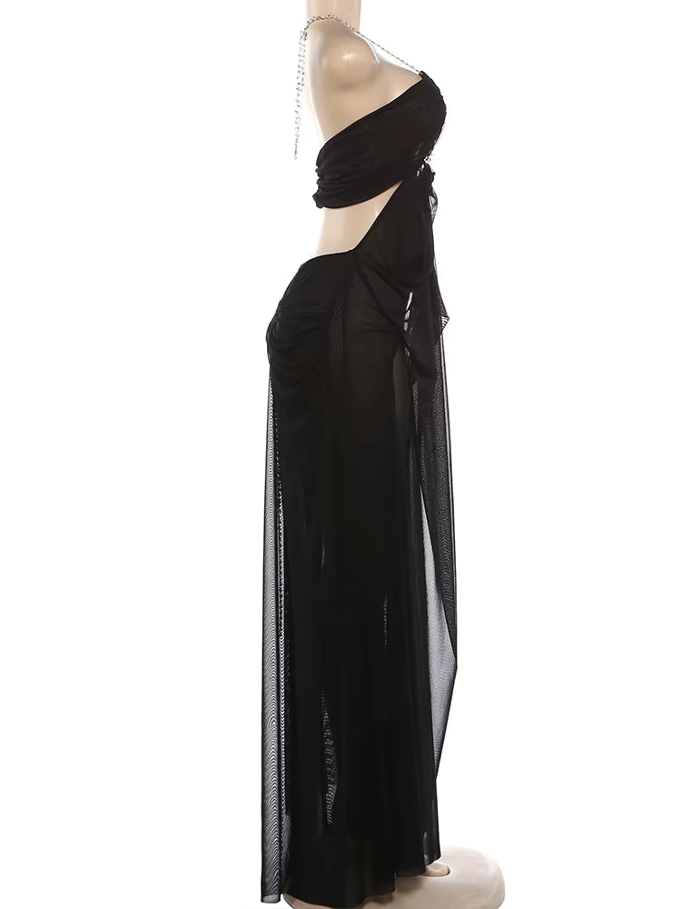 Ice Queen Rhinestone Strap Sheer Maxi Dress