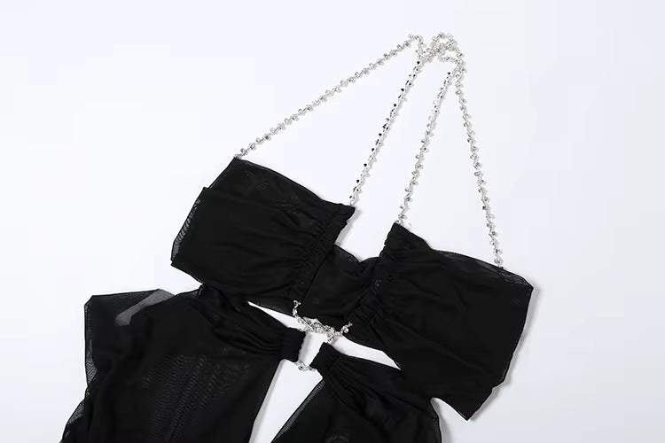 Ice Queen Rhinestone Strap Sheer Maxi Dress