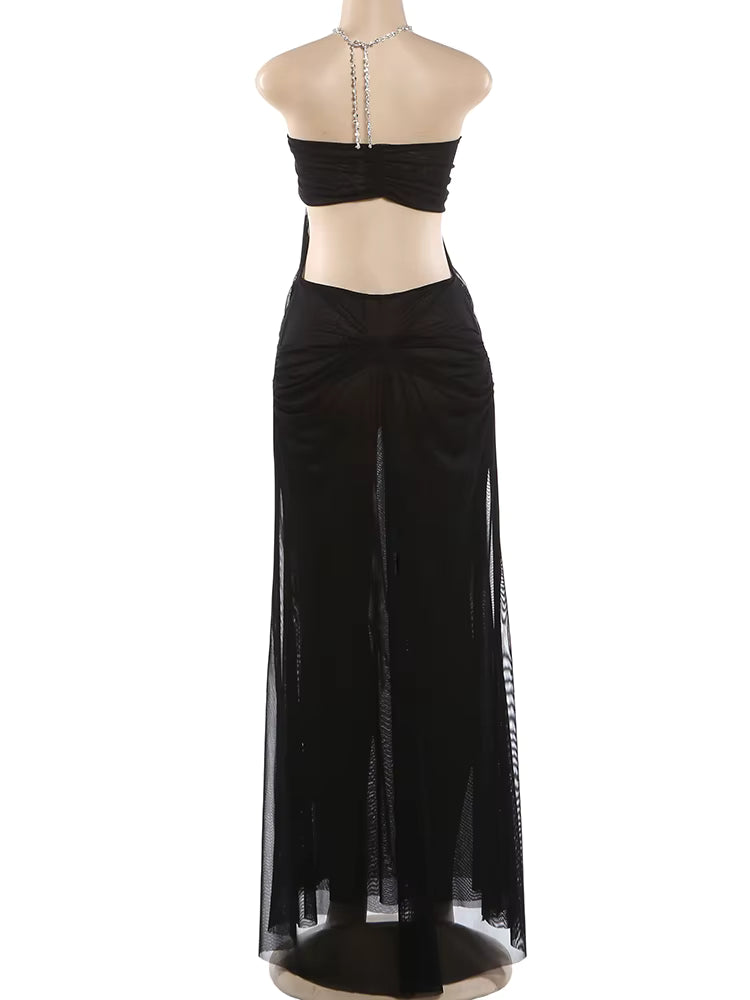 Ice Queen Rhinestone Strap Sheer Maxi Dress