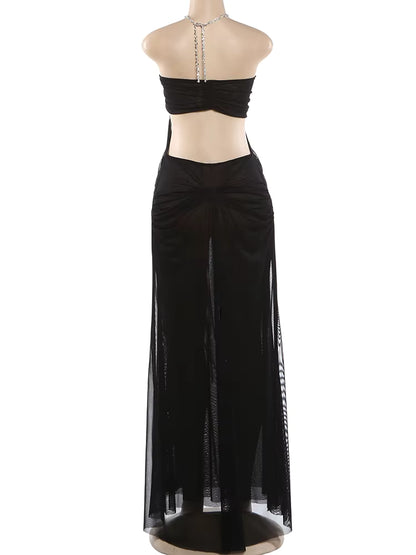 Ice Queen Rhinestone Strap Sheer Maxi Dress