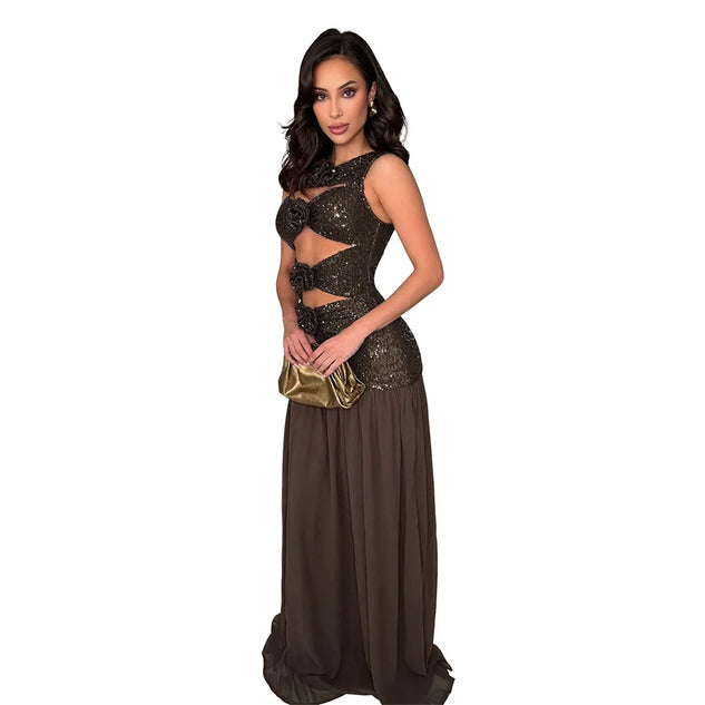 Brown Rose Embellished Maxi Dress