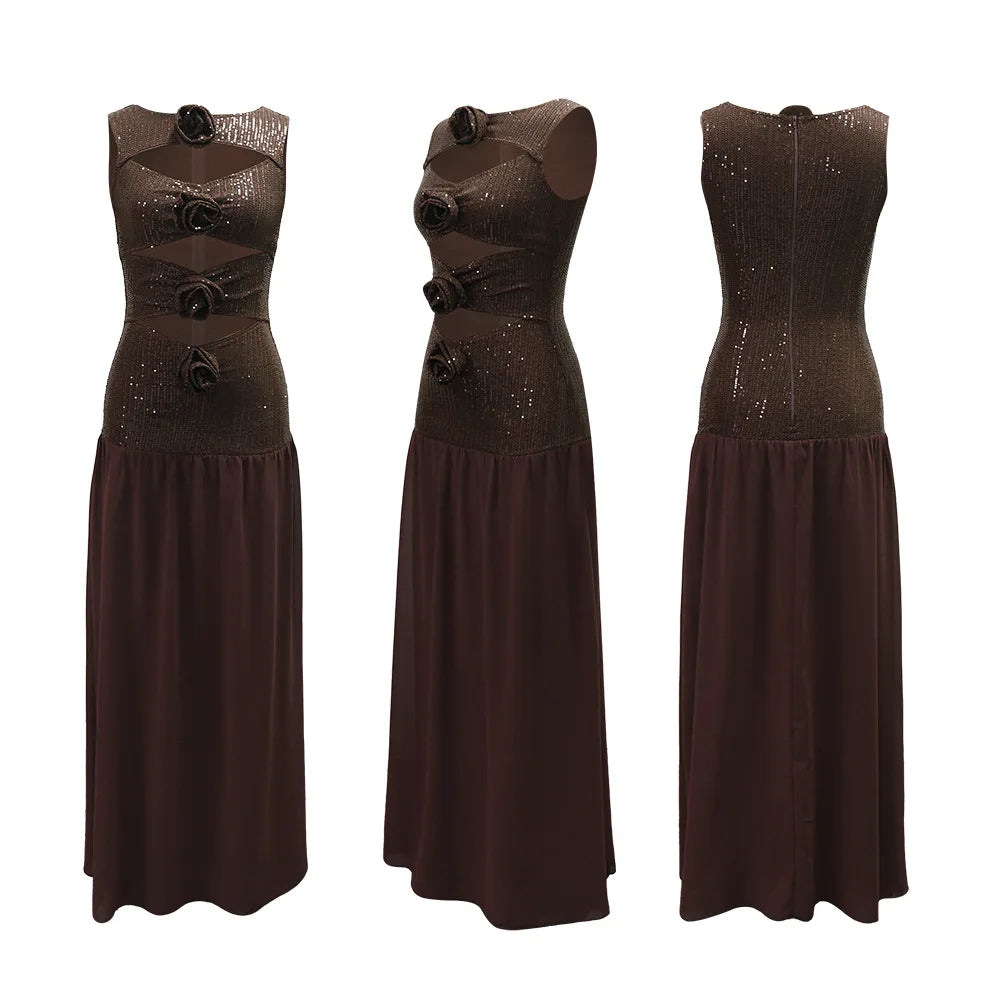 Brown Rose Embellished Maxi Dress