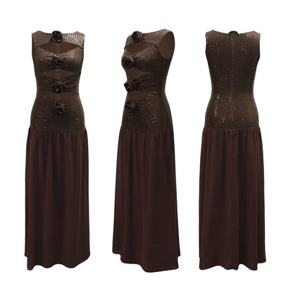 Brown Rose Embellished Maxi Dress