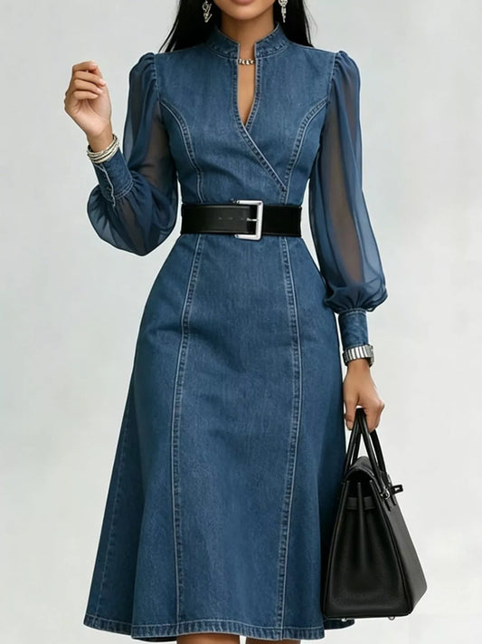 Denim Midi Dress with Sheer Sleeves image 3