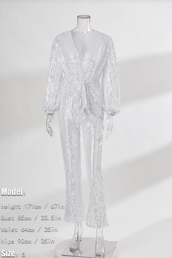 Sparkling Sequin V-Neck Plus Size Jumpsuit with Belt for Festive Occasions