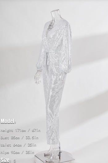 Sparkling Sequin V-Neck Plus Size Jumpsuit with Belt for Festive Occasions