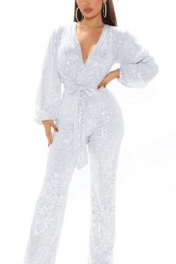 Sparkling Sequin V-Neck Plus Size Jumpsuit with Belt for Festive Occasions