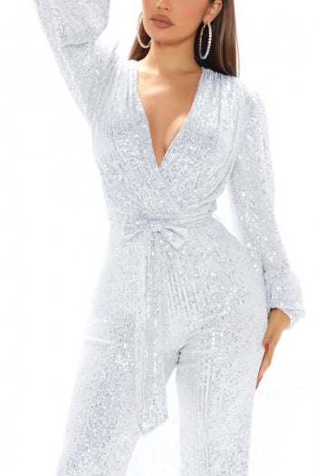 Sparkling Sequin V-Neck Plus Size Jumpsuit with Belt for Festive Occasions
