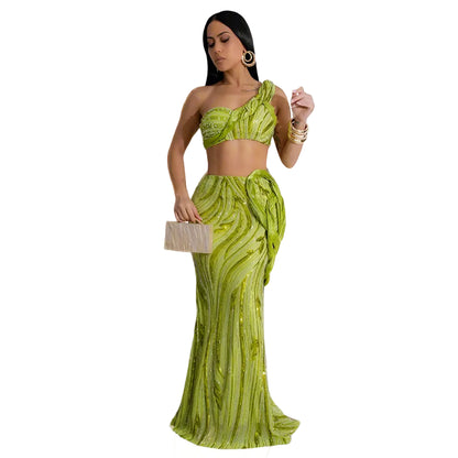 Woman wearing a green dress with a white background