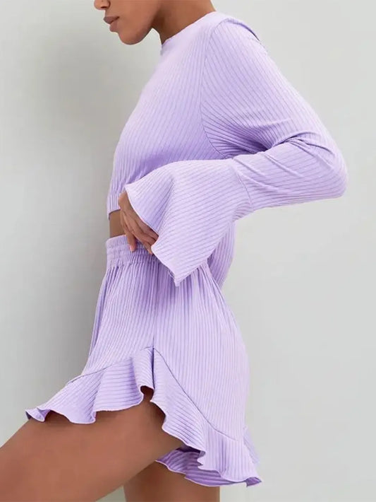 Round Neck Long Sleeve Top and Ruffled Shorts Set image 2