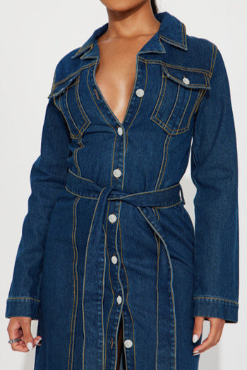 Denim Midi Dress with Adjustable Belt