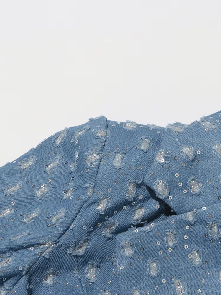 Sequin Denim Trench Coat with Adjustable Belt