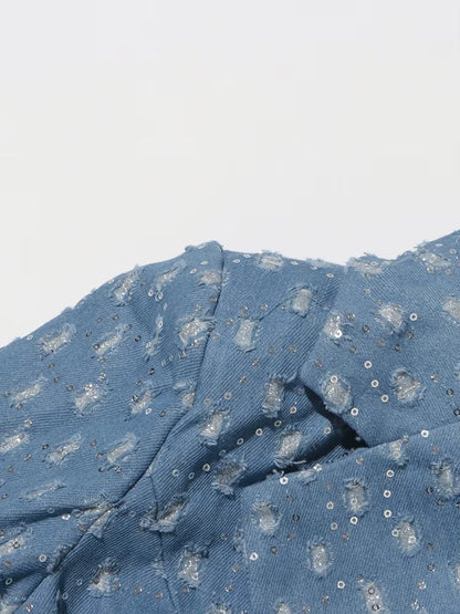 Sequin Denim Trench Coat with Adjustable Belt