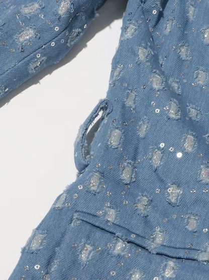 Sequin Denim Trench Coat with Adjustable Belt